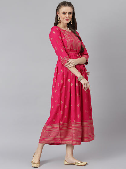 Women Gold Printed Rayon Flared Kurta