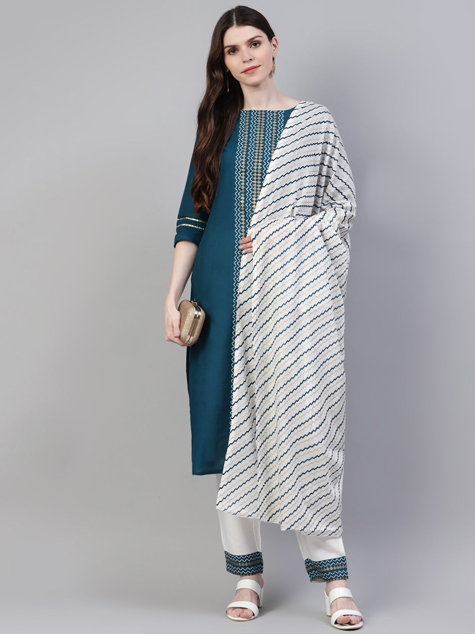 Women Printed Cotton Straight Kurta Pant Dupatta Set