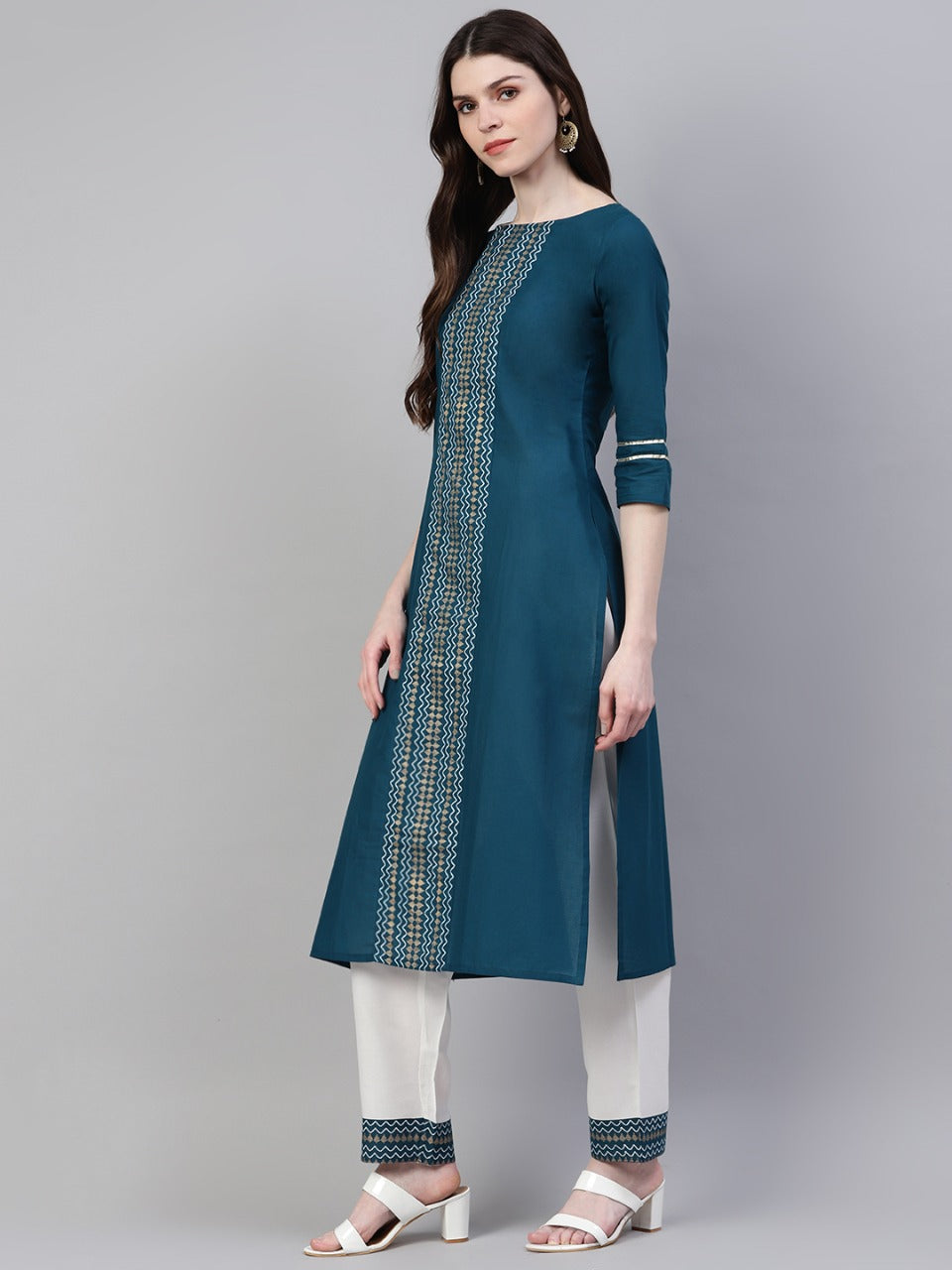 Women Printed Cotton Straight Kurta Pant Dupatta Set