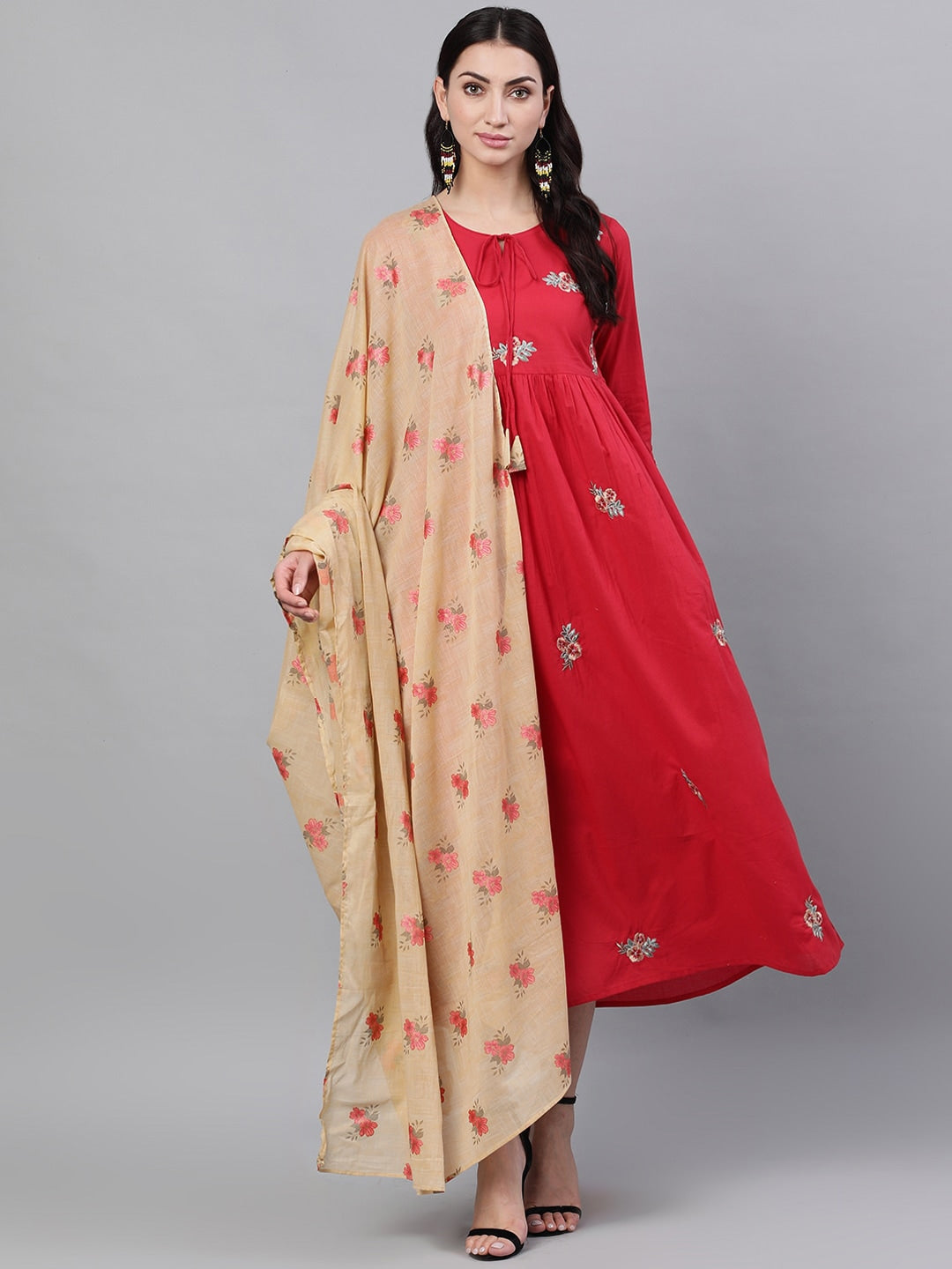 Women Red Floral Embroidered V-Neck Cotton Maxi Dress With Dupatta