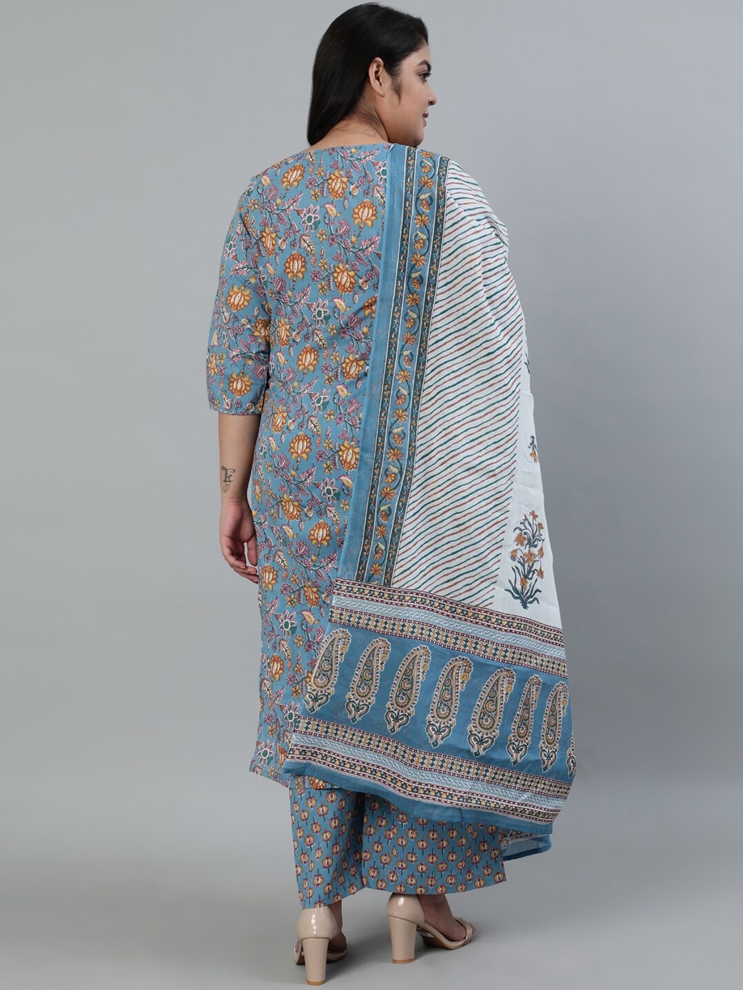 Women Blue & Yellow Floral Printed Straight kurta with Plazo & Dupatta