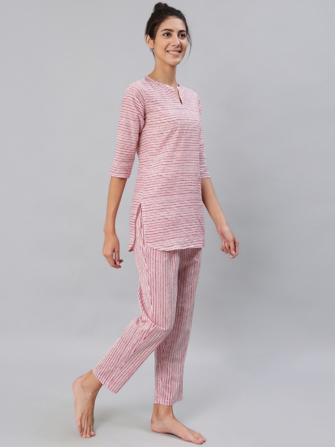 Women Pink & Off-White Striped Night Suit Set