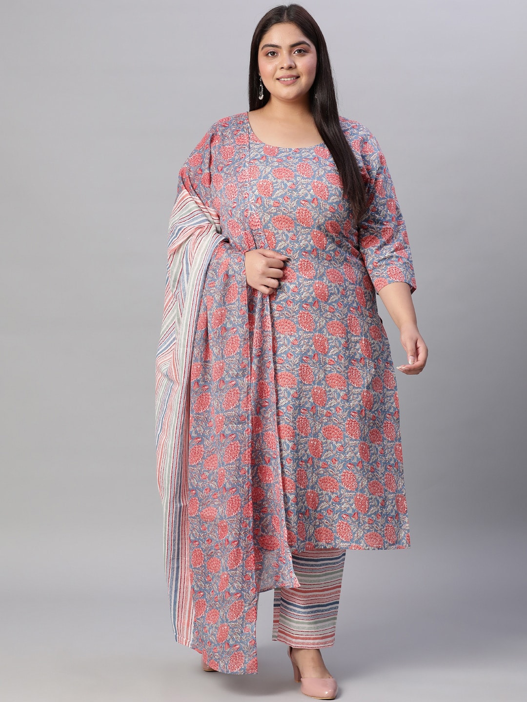 Women Blue Printed Straight Kurta with Plazo & Dupatta