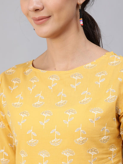 Women Yellow & Silver Printed Top With Three Quarter Flared Sleeves