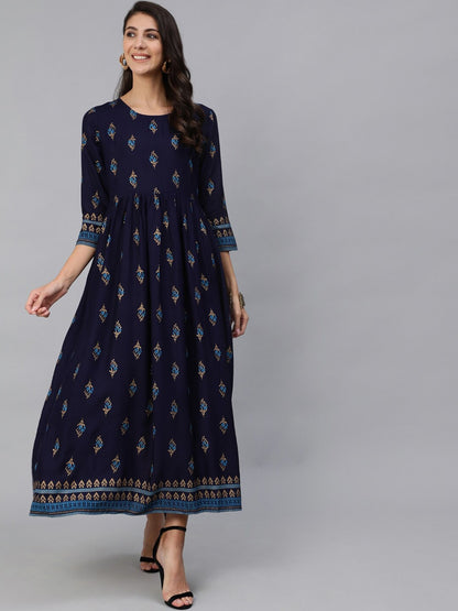 Women Navy Blue & Gold Printed Maxi Dress With Three Quarter Sleeves