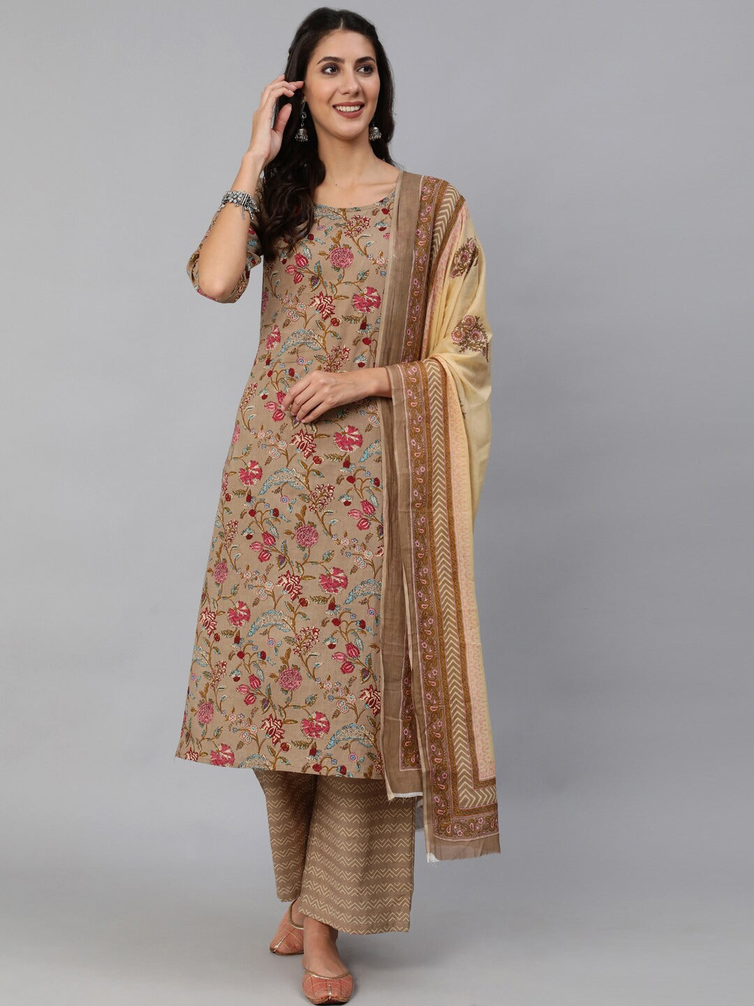 Women Grey Printed Straight Kurta Set With Plazo &  Dupatta