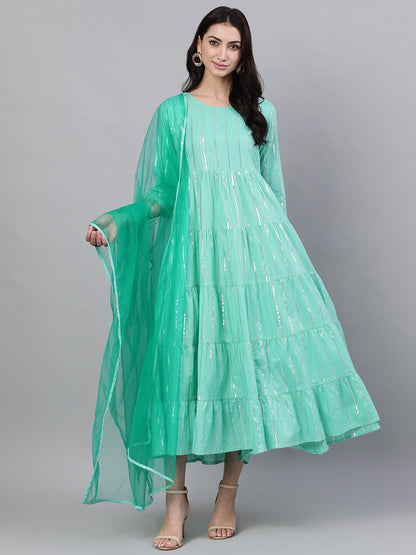 Women Green Solid Round Neck Cotton Maxi Dress With Net Dupatta