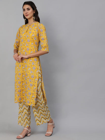 Women Yellow & Grey Floral Printed Straight Kurta Set With Plazo & Dupatta