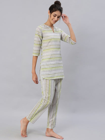 Women Green & Grey Striped Night Suit Set