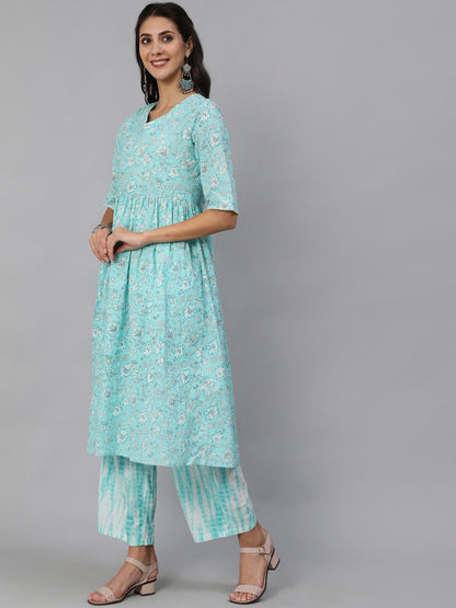 Women Blue Floral Printed Kurta Set With Palazo & Dupatta