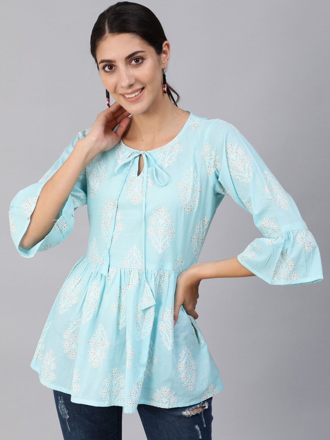 Women Blue & Gold Printed Top With Three Quarter Flared Sleeves