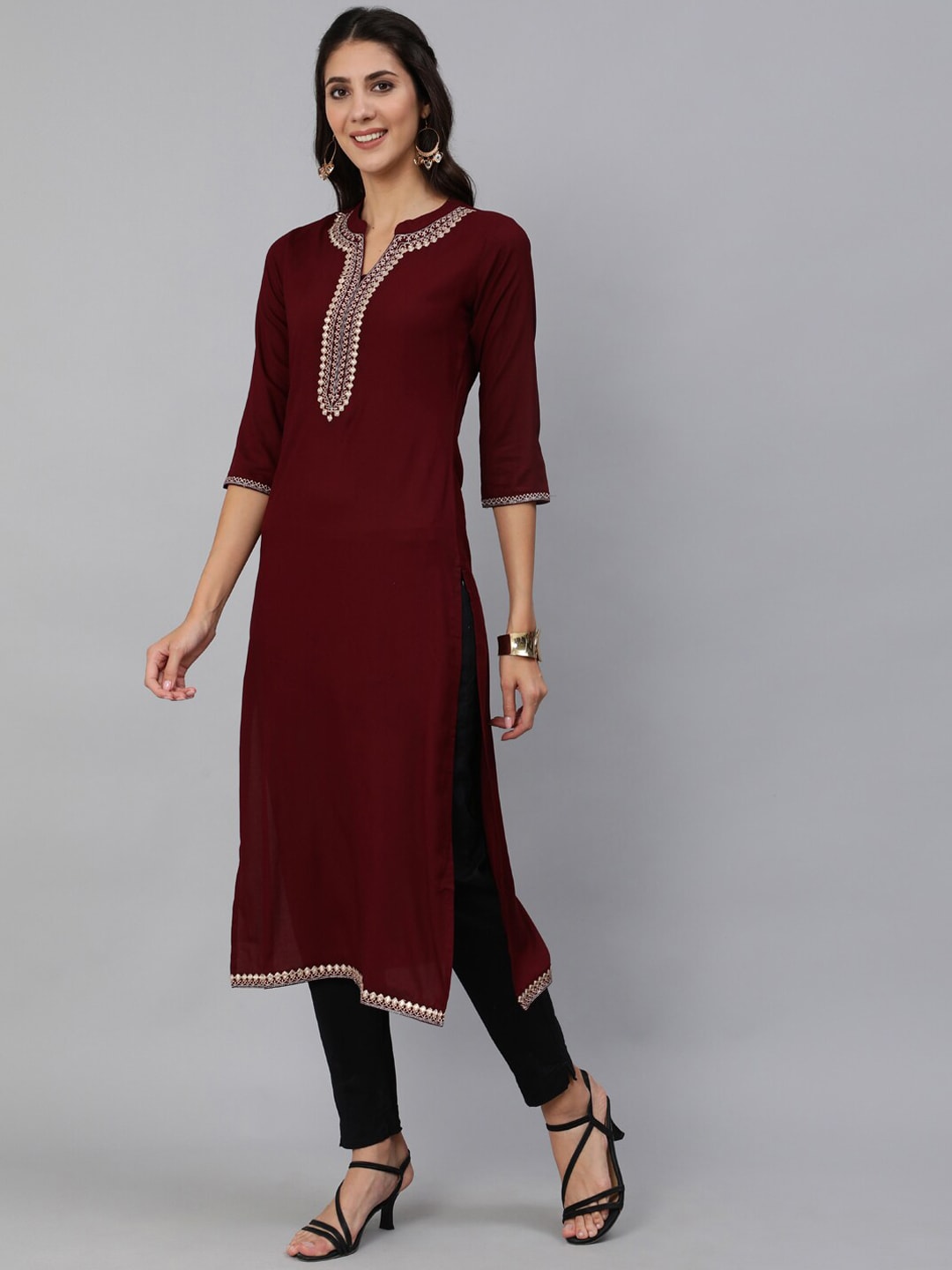 Women Burgundy Embroidered Straight Kurta With Three Quarter Sleeves