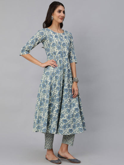 Women Blue & Cream Floral Printed Kurta Set With Trouser & Dupatta