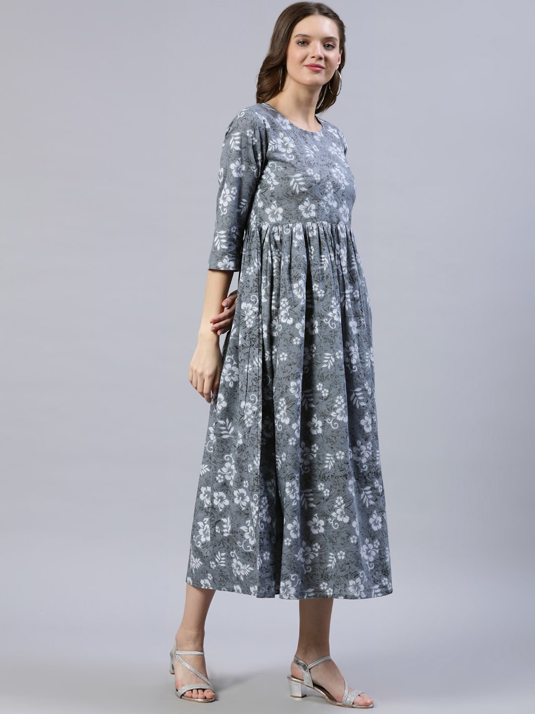 Women Grey Floral Printed Dress With Three Quarter Sleeves