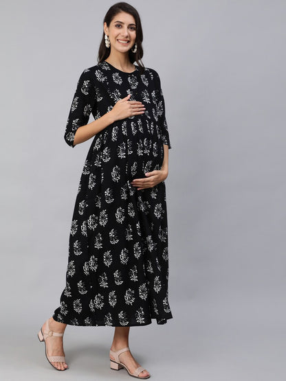 Women Black Printed Maternity Dress With Three Quarter Sleeves