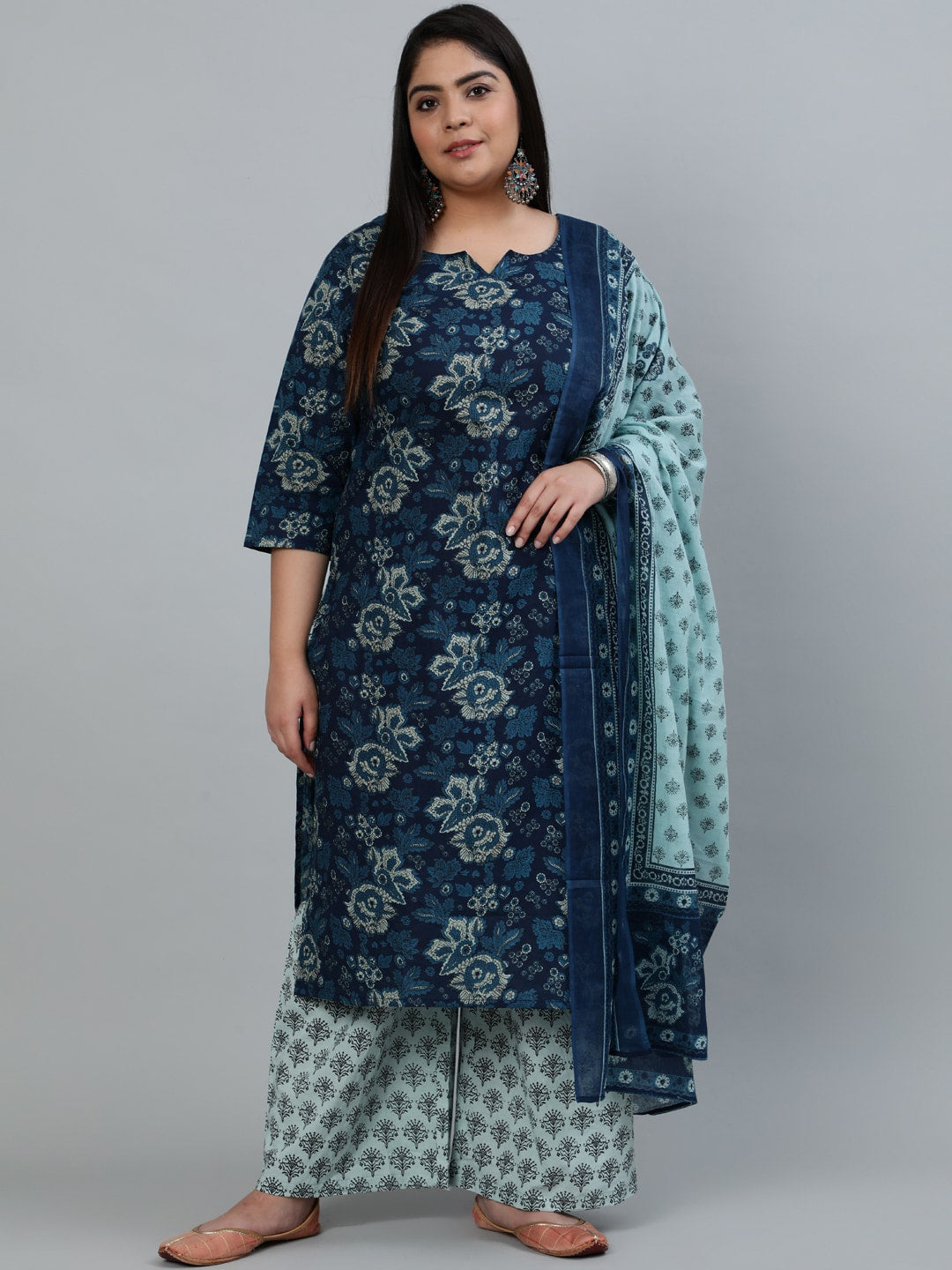 Women Indigo Blue Printed Straight Kurta With Palazo & Dupatta