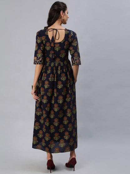 Women Navy Blue Printed Maxi Dress With Three Quarter Sleeves