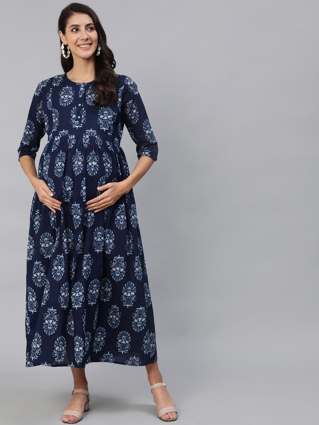 Women Blue Indigo Printed Maternity Dress With Three Quarter Sleeves