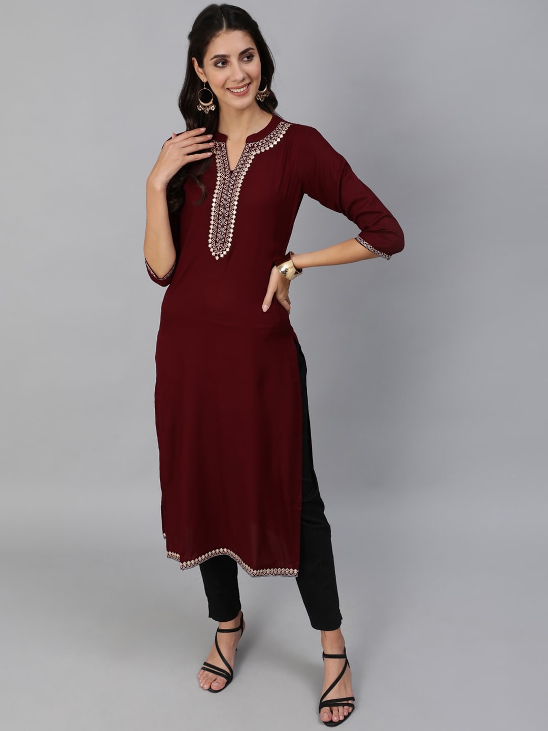 Women Burgundy Embroidered Straight Kurta With Three Quarter Sleeves