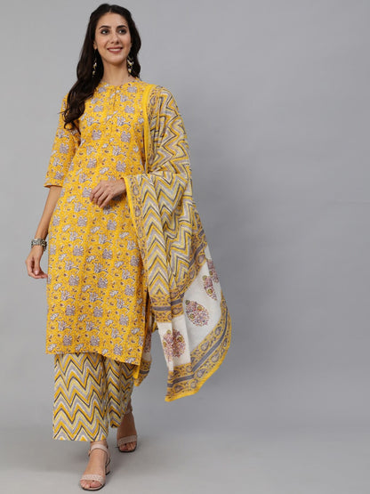 Women Yellow & Grey Floral Printed Straight Kurta Set With Plazo & Dupatta