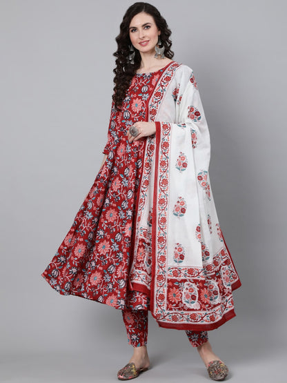 Women Red Floral Printed Kurta With Trouser & Dupatta