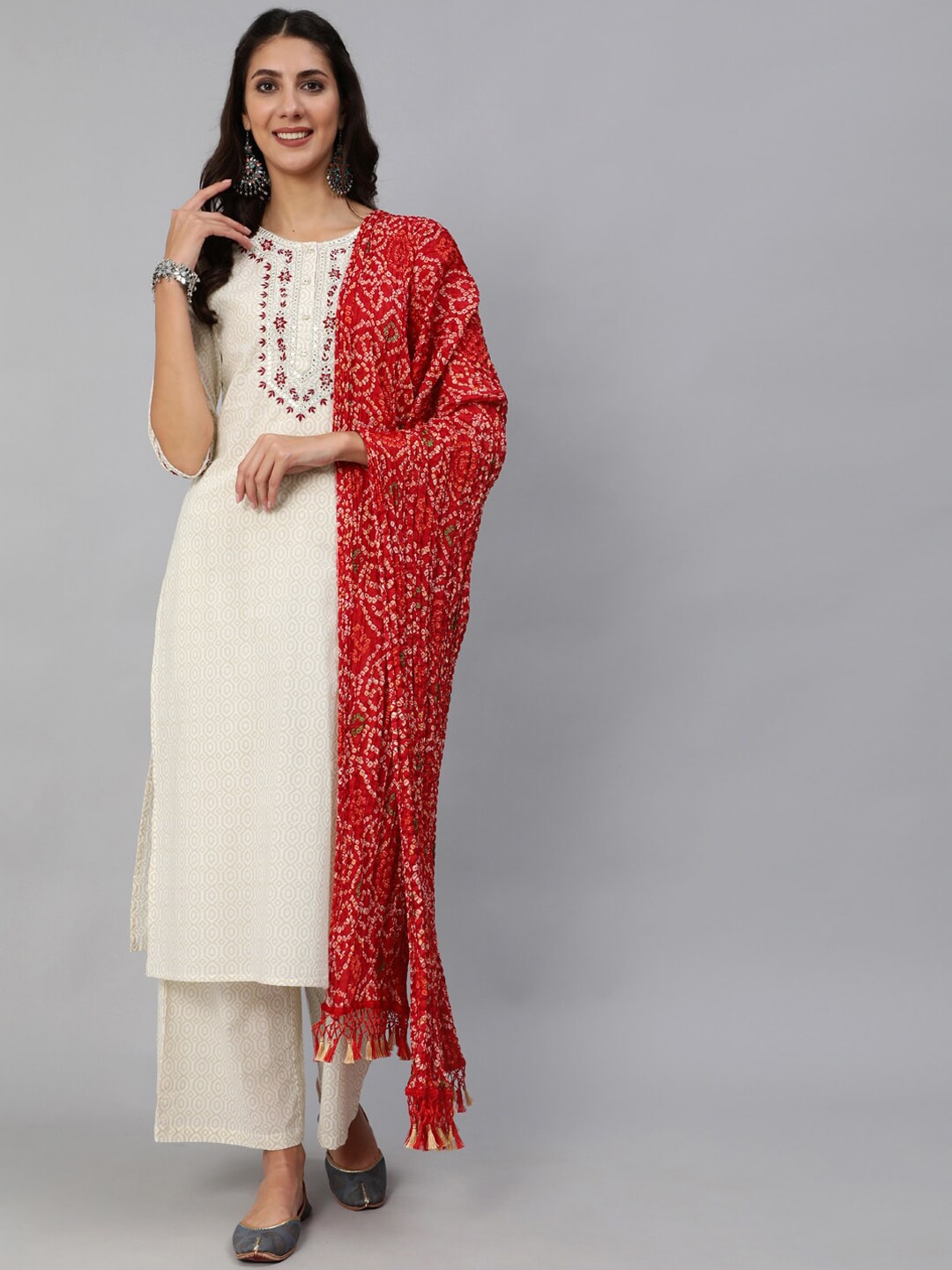 Women Cream & Red Embroidered Straight Kurta Set With Plazo & Wrinkled Dupatta