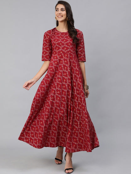 Women Burgundy & Gold Printed Maxi Dress With Three Quarter Sleeves