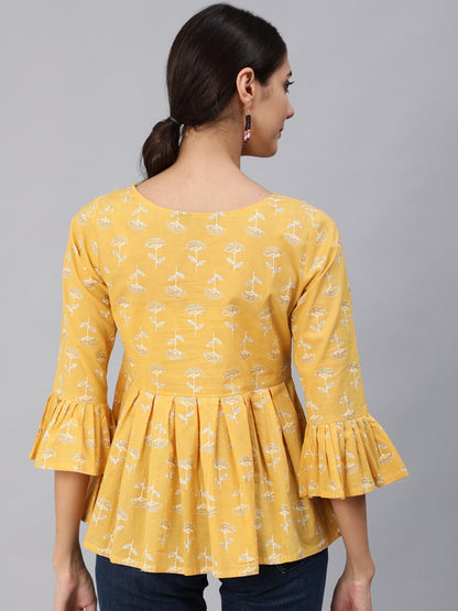 Women Yellow & Silver Printed Top With Three Quarter Flared Sleeves