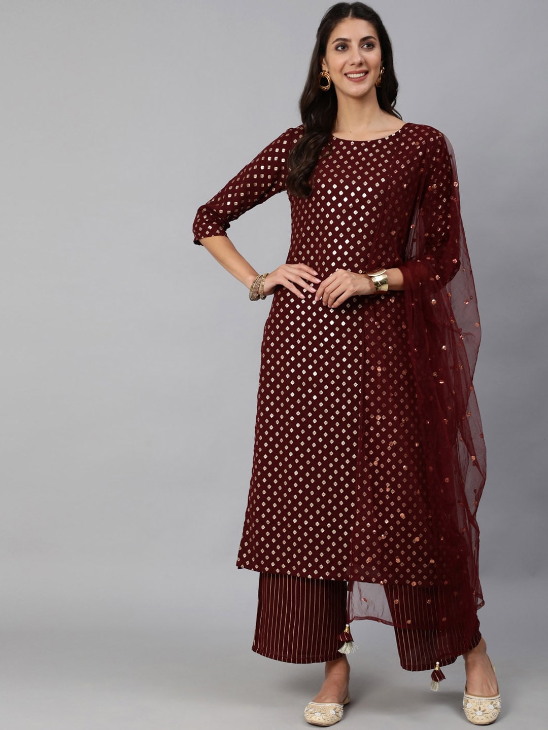 Women Maroon Geogrette Foil Printed Straight Kurta Set With Palazo & Sequence Dupatta