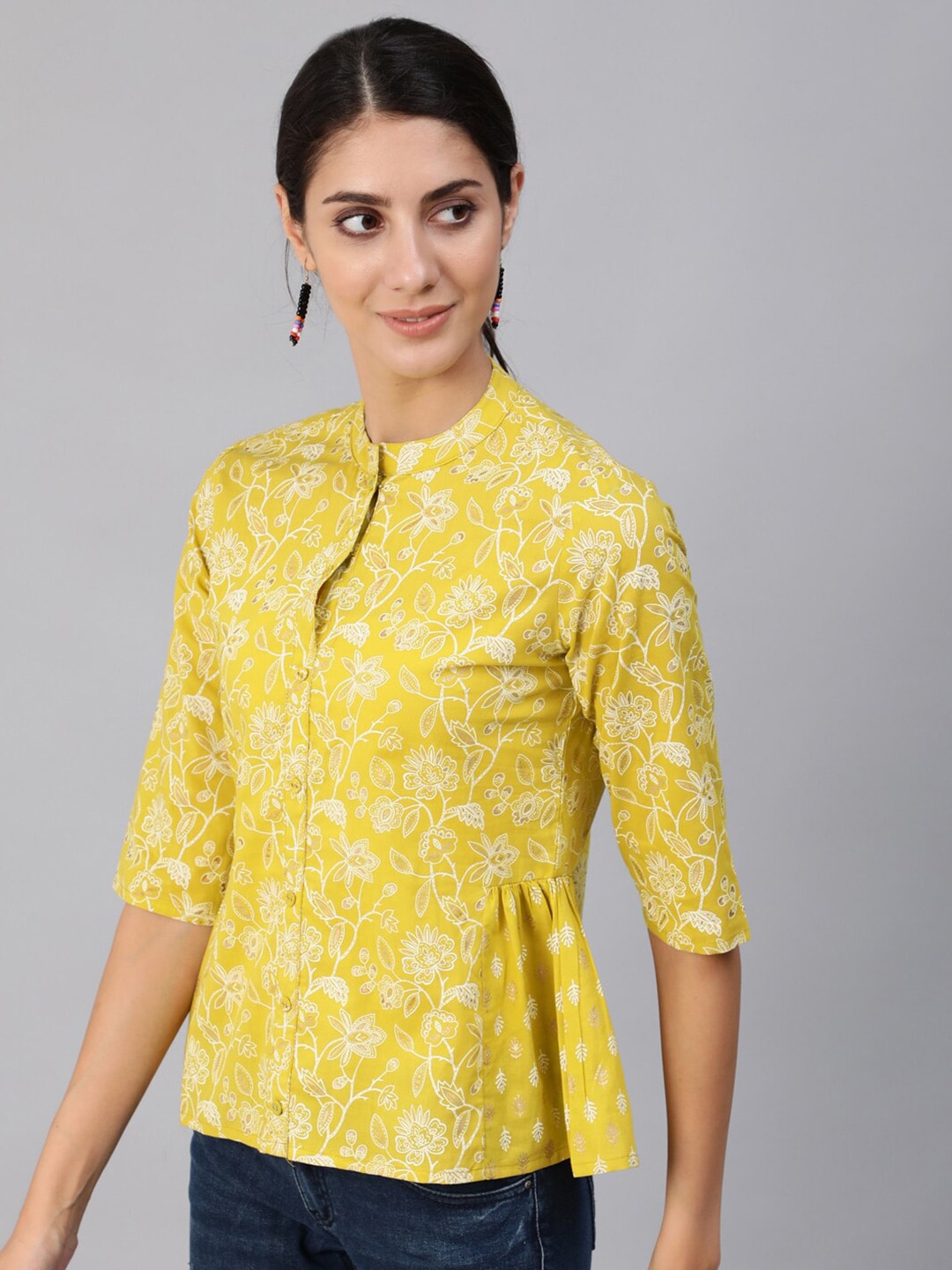 Women Green & Gold Printed Top With Three Quarter Flared Sleeves