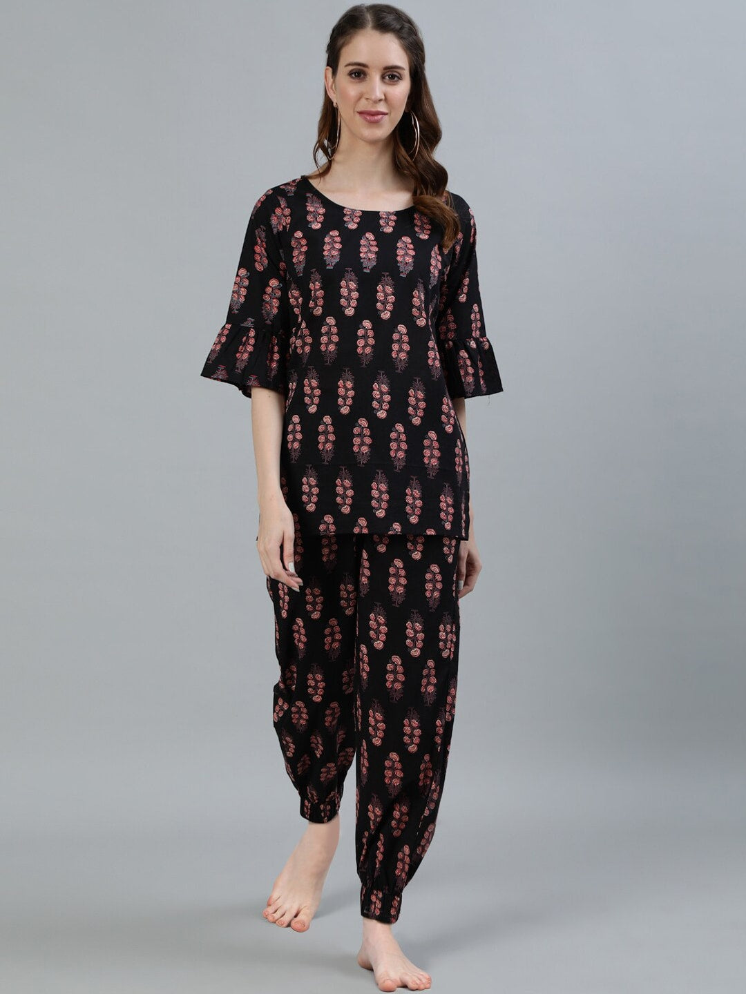 Women Black Printed Night suit