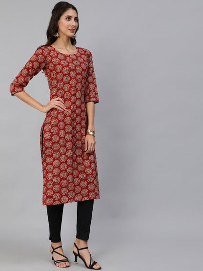 Women Maroon Embroidered Straight Kurta With Three Quarter Sleeves