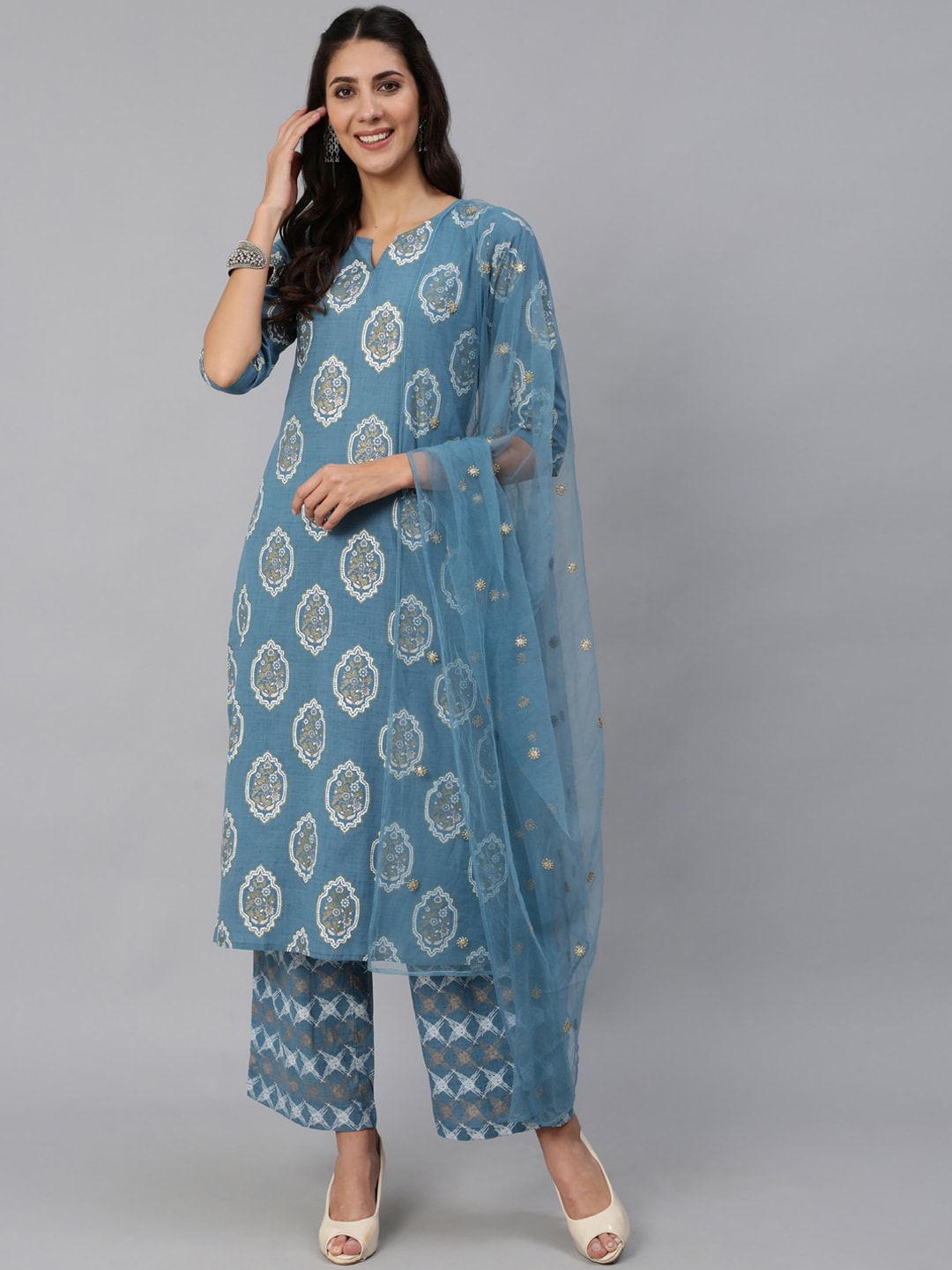 Women Blue & Gold  Printed Kurta Set With Plazo & Dupatta