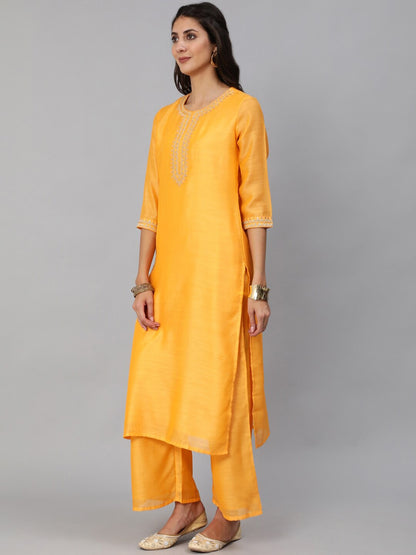 Women Yellow Chanderi Embroidered Straight Kurta Set With Palazo & Sequence Dupatta