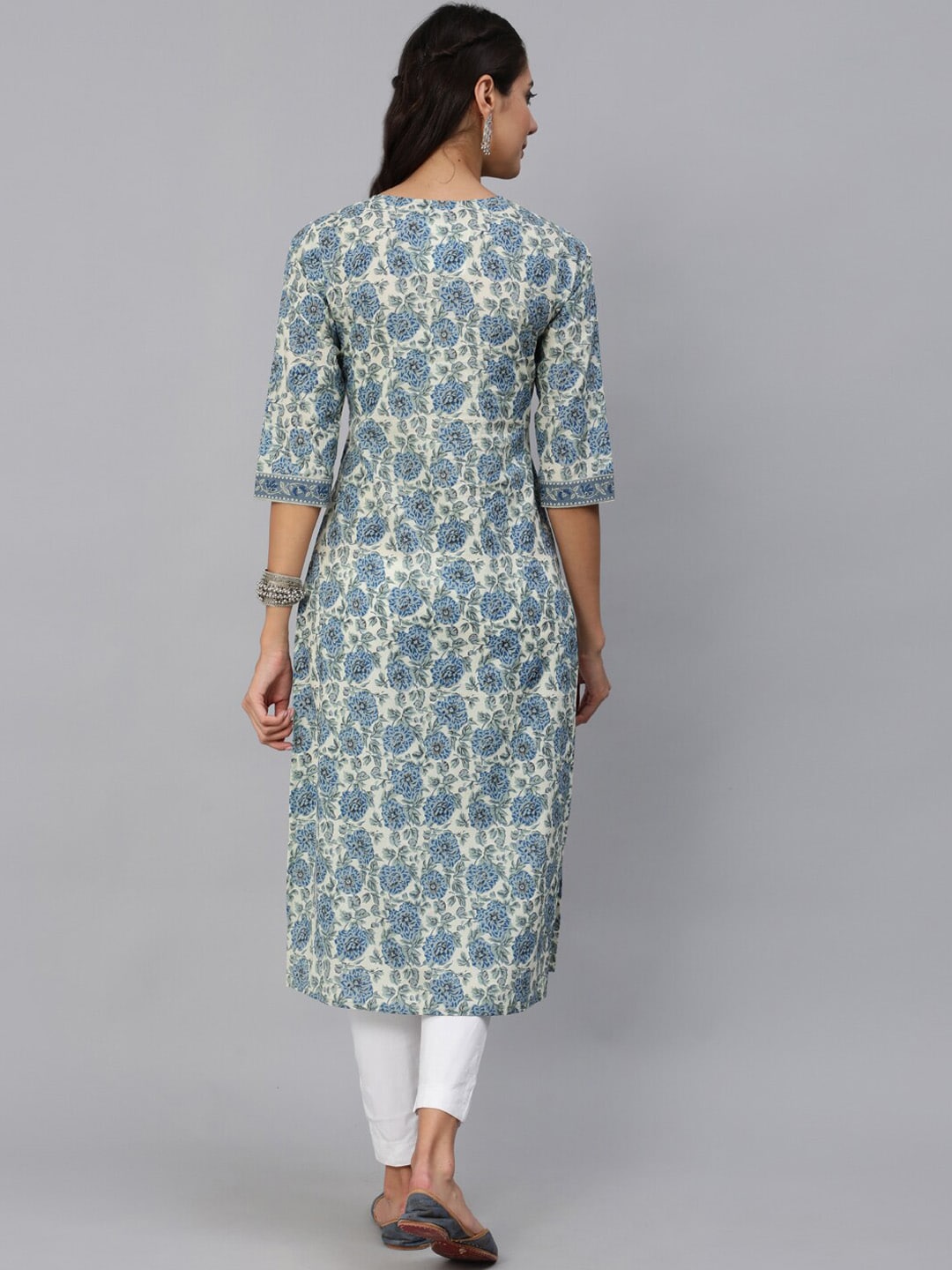 Women Blue & Cream Floral Printed Straight Kurta With Three Quarter Sleeves