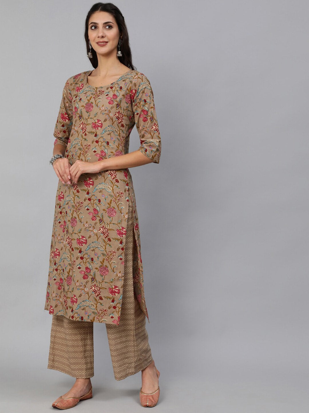 Women Grey Printed Straight Kurta Set With Plazo &  Dupatta