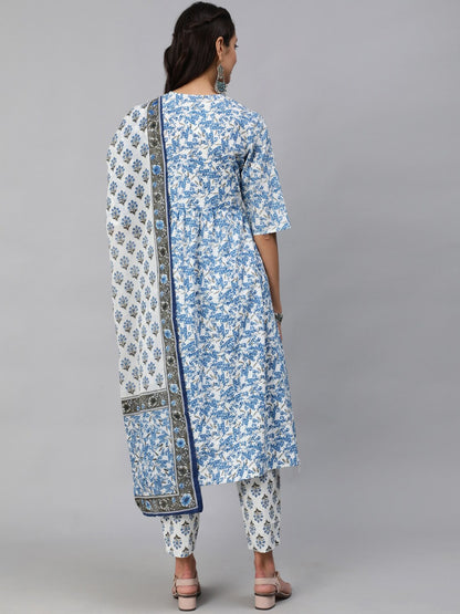 Women Blue & White Floral Printed Kurta Set With Trouser & Dupatta