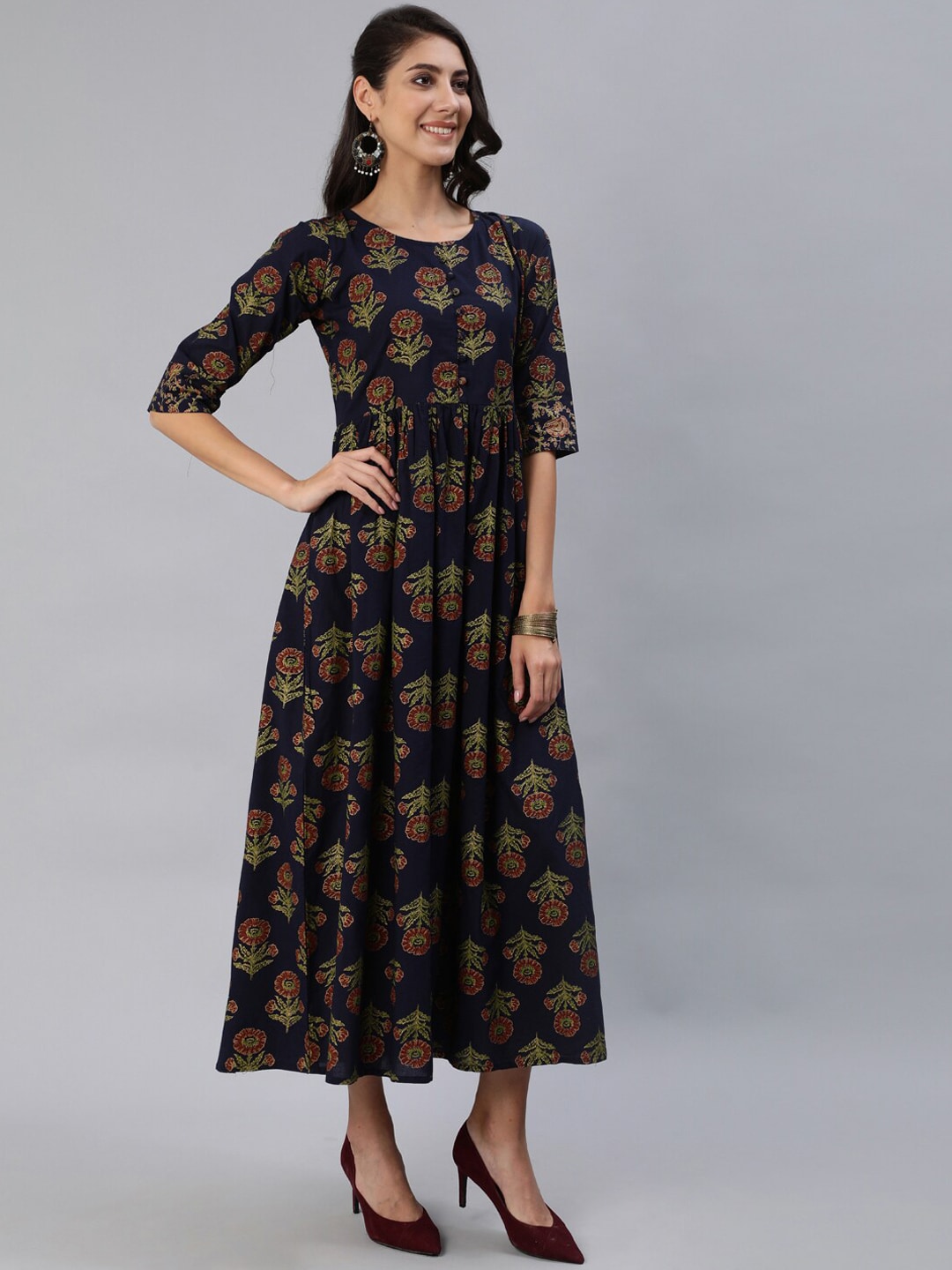 Women Navy Blue Printed Maxi Dress With Three Quarter Sleeves