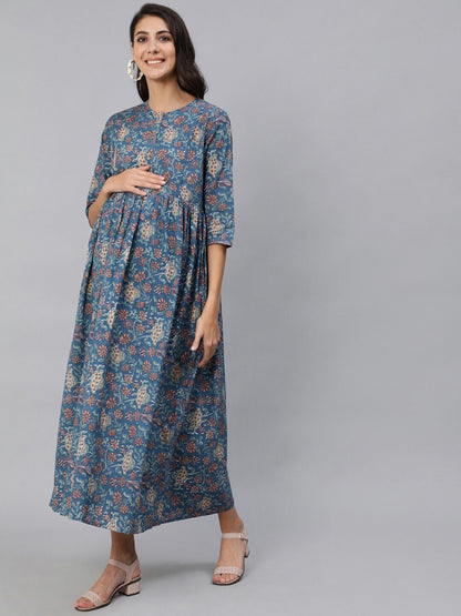 Women Blue Floral Printed Maternity Dress With Three Quarter Sleeves