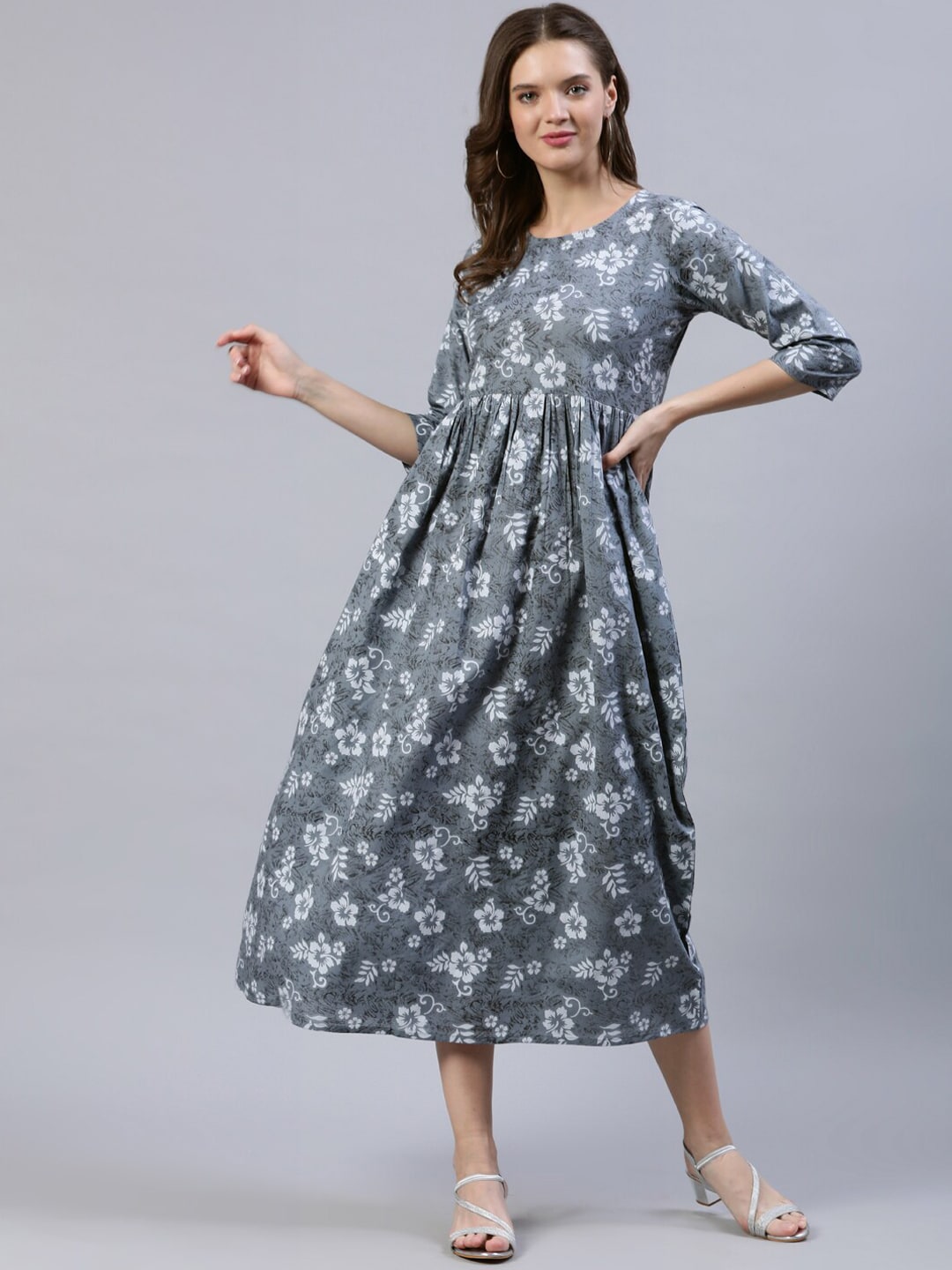 Women Grey Floral Printed Dress With Three Quarter Sleeves