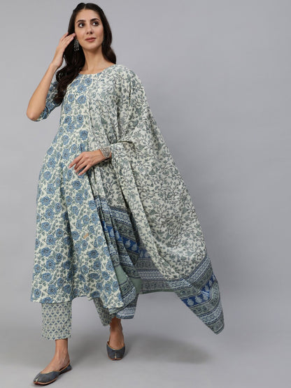 Women Blue & Cream Floral Printed Kurta Set With Trouser & Dupatta