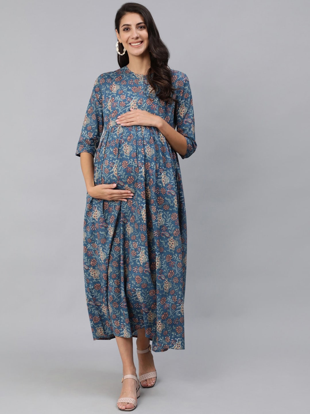 Women Blue Floral Printed Maternity Dress With Three Quarter Sleeves