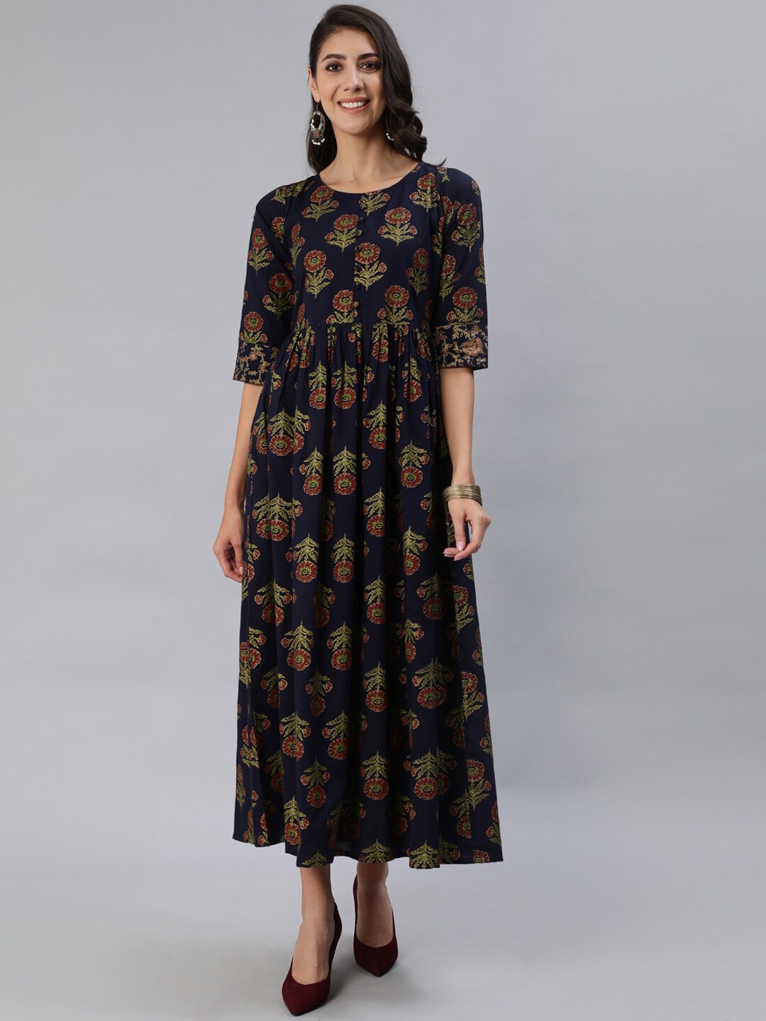 Women Navy Blue Printed Maxi Dress With Three Quarter Sleeves