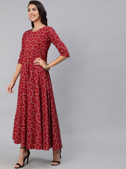 Women Burgundy & Gold Printed Maxi Dress With Three Quarter Sleeves