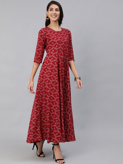 Women Burgundy & Gold Printed Maxi Dress With Three Quarter Sleeves