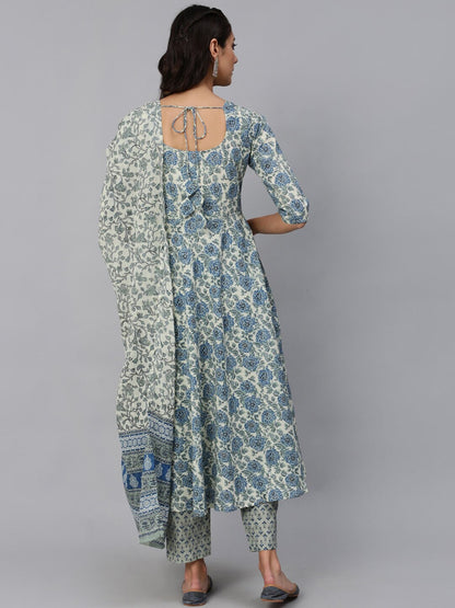 Women Blue & Cream Floral Printed Kurta Set With Trouser & Dupatta