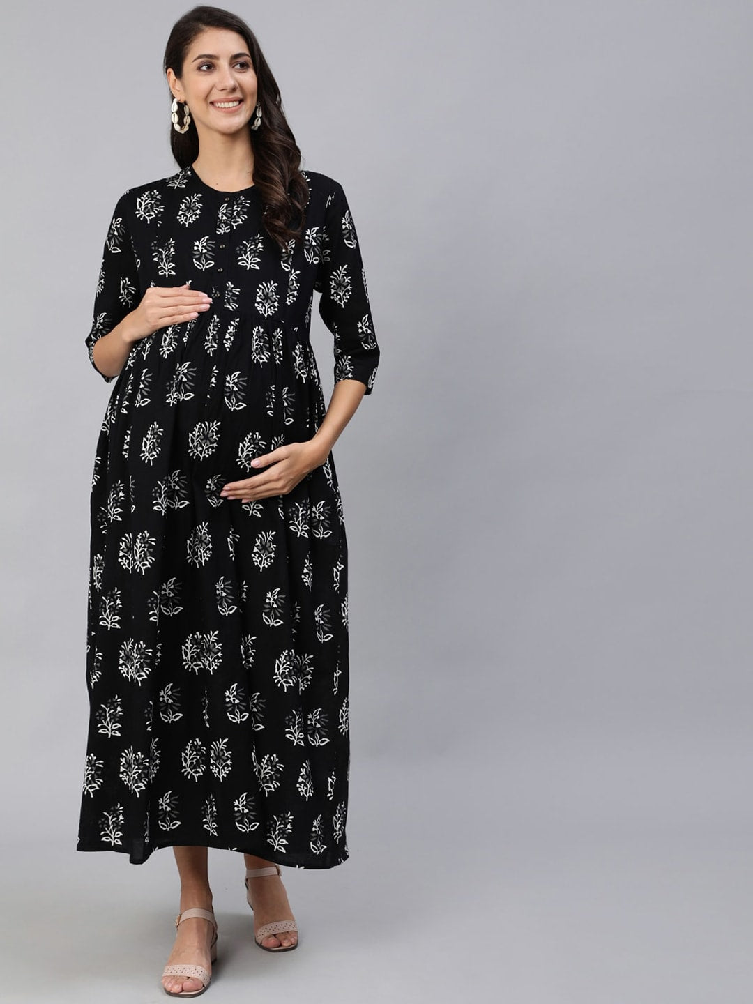 Women Black Printed Maternity Dress With Three Quarter Sleeves