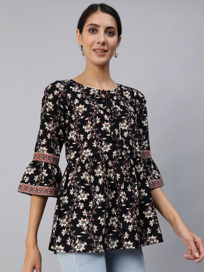 Women Black Floral Printed Top With Three Quarter Flared Sleeves