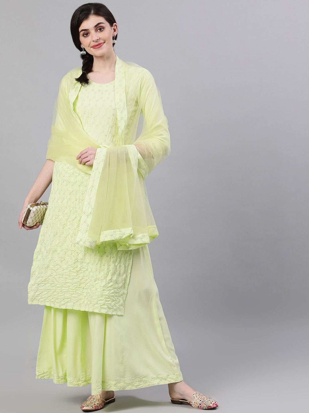 Women Lime Yellow Three-Quarter Sleeves Straight Kurta Skirt Set With Dupatta