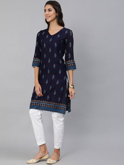 Women Navy Blue & Gold Printed Straight Kurta With Three Quarter sleeves